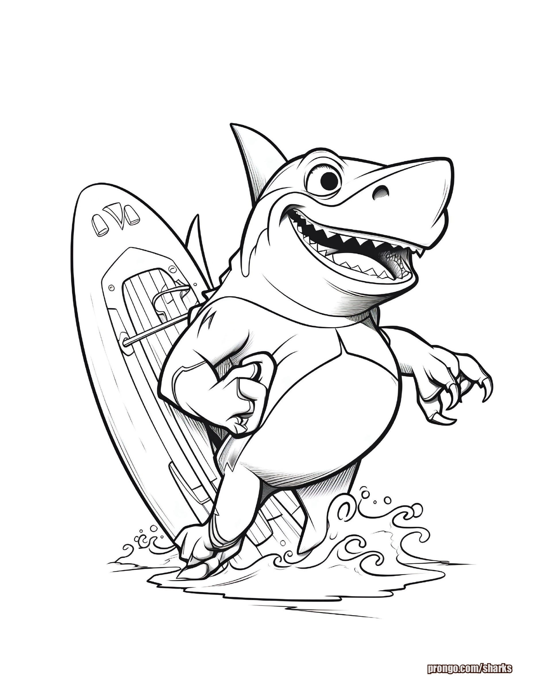 A shark riding a surfboard on an ocean wave