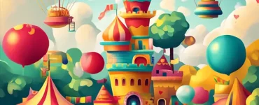 a cartoon castle with trees and balloons